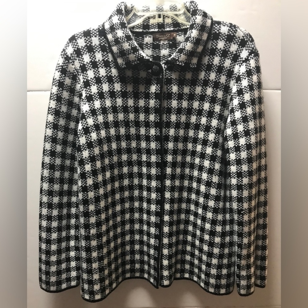 Bianca G Cardigan Medium Black White Checkered One Button Italy Wool Blend